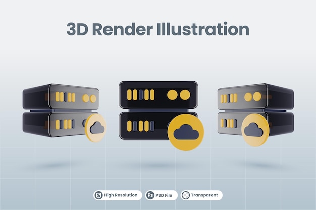 PSD 3d-server-datenbankillustration mit 3d-wolkensymbol rendern isoliert