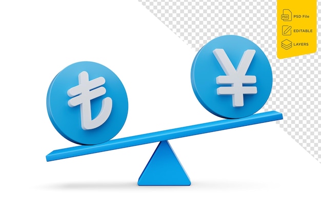 PSD 3d-weiß-lira- und yen-symbol auf abgerundeten blauen ikonen mit 3d-gleichgewicht-seesaw 3d-illustration