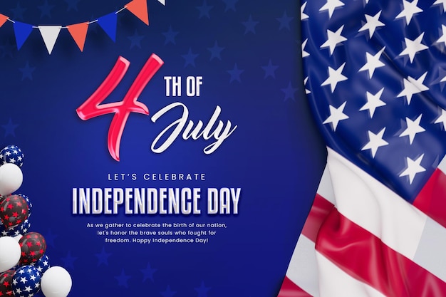 PSD 4 de julho dia da independência americana banner design template com realista bandeira dos eua