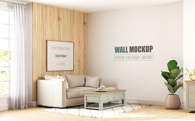 PSD a acolhedora sala de estar é projetada em estilo americano wall mockup