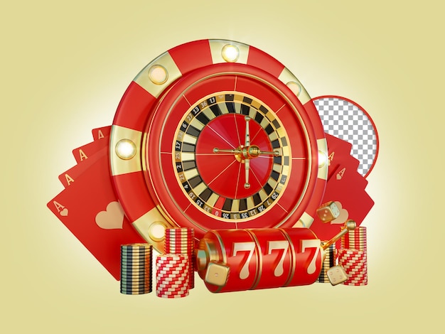 A Red Roulette, Card and Chip Casino Poker Composição 3D Render, elemento de design,