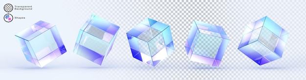 PSD abstract crystal light holographic glass cube box 3d render icon set transparent geometric block shapes with rainbow hologram gradient isolated glossy square objects clear elements