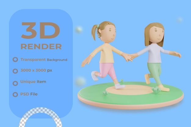 PSD adolescentes de mãos dadas e executando a ilustração 3d render