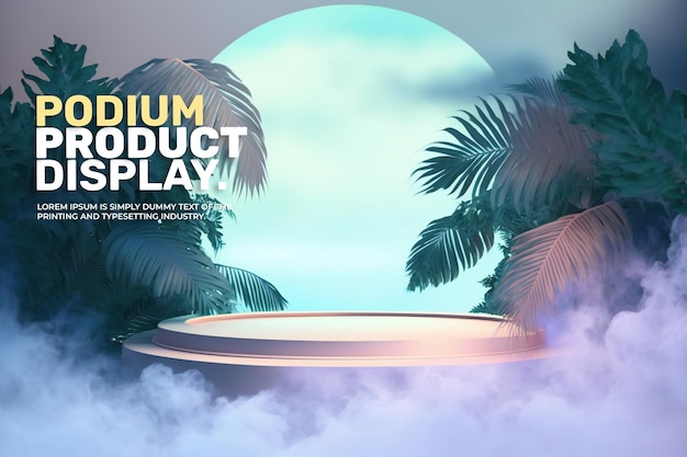 affichage abstrait du podium pour la présentation du produit avec des nuages légers et des feuilles de palmier tropical 3d