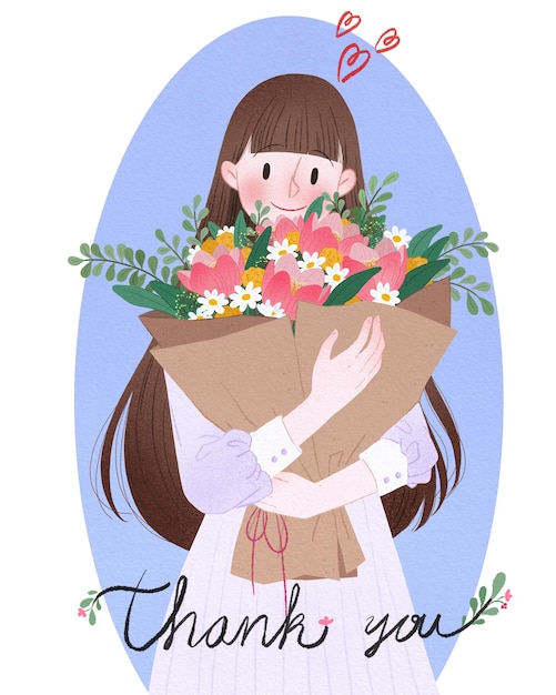 PSD une affiche d'une fille tenant des fleurs qui dit merci