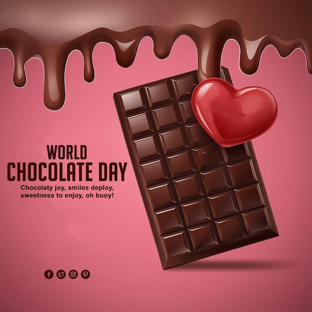 une affiche pour la journée mondiale du chocolat avec un cœur rouge et du chocolat