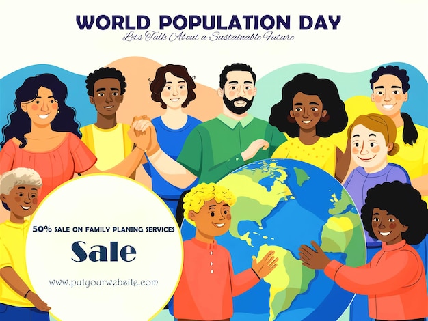 PSD une affiche pour la journée mondiale de la population montre un groupe de personnes se tenant par la main