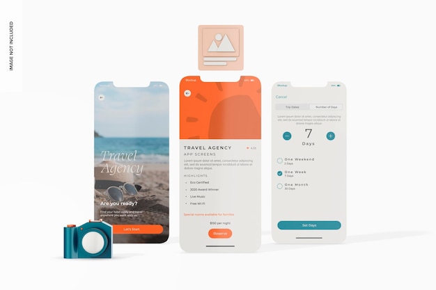 PSD agency travel app screens mockup, vorderansicht