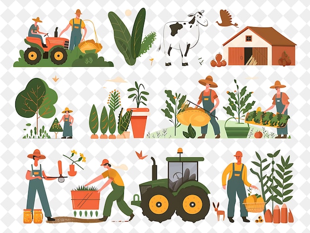 PSD agricultor rústico com personagens plantando e colhendo culturas png pessoas em ilustração de trabalho diário