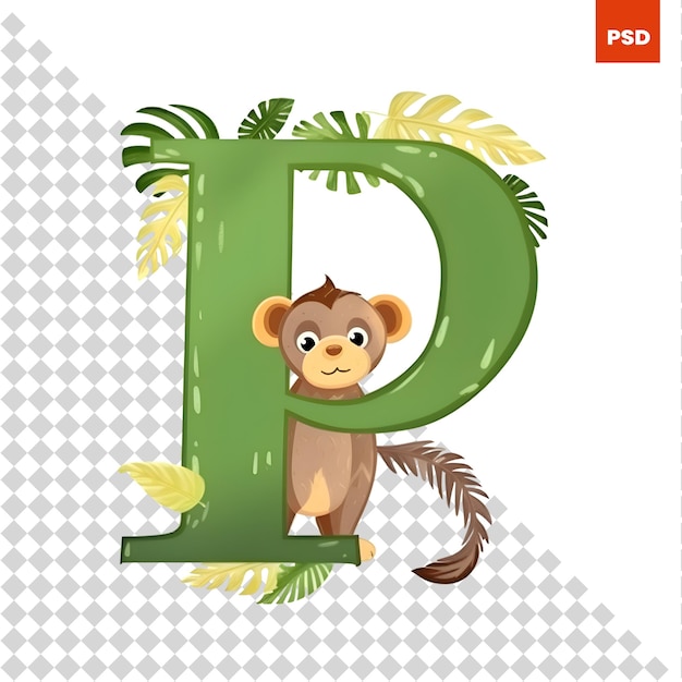 PSD alphabet animal mignon lettre p avec singe illustration vectorielle