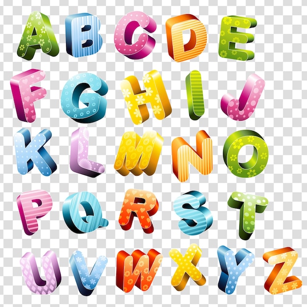 PSD un alphabet coloré avec différentes lettres et lettres