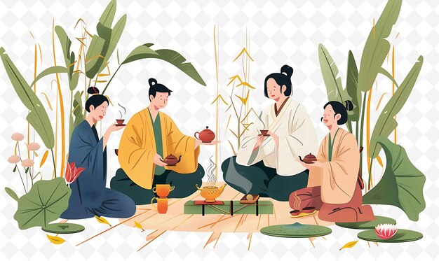 PSD amigos desfrutando da cerimônia de chá o design é calmante e pacífico tema de ilustração do festival chinês