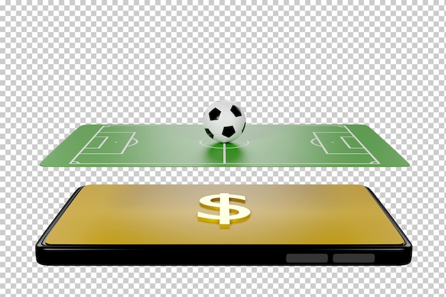 PSD aplicação online de futebol no smartphone tela de campos de futebol telefone celular conceito de notícias de futebol canal de esporte renderização em 3d