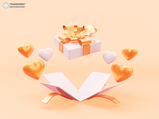 PSD aprire la confezione regalo con l'illustrazione del rendering 3d dell'icona del cuore dell'amore