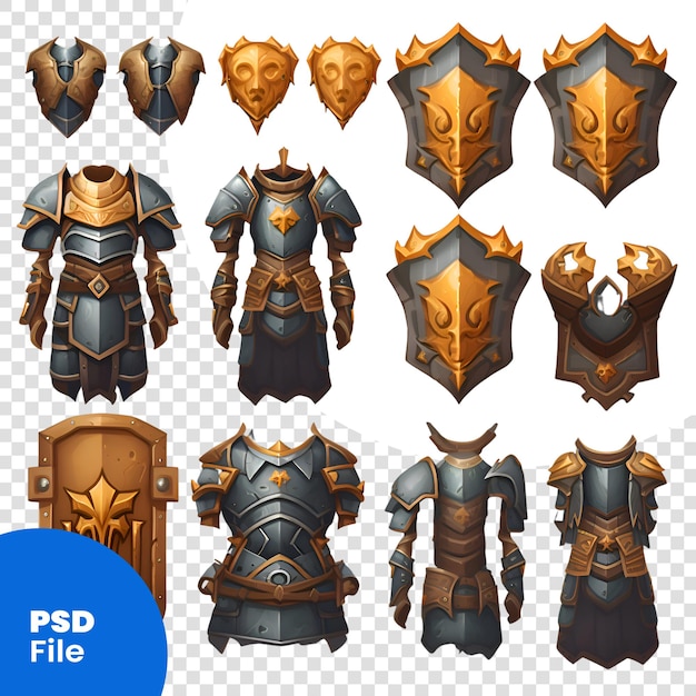 PSD armure de chevalier médiévale armure médiévale avec boucliers et armes modèle d'illustration vectorielle psd