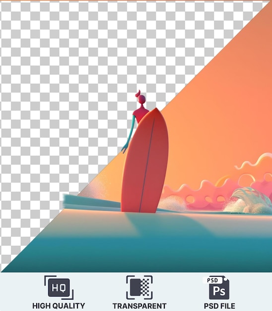 PSD arrière-plan transparent avec dessin animé de surfeur 3d isolé attrapant une vague au coucher du soleil