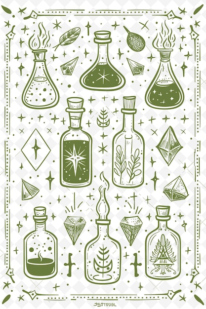 PSD art du cadre de laboratoire d'alchimistes png avec des bouteilles de potions et une illustration de myst art du cadre décoratif