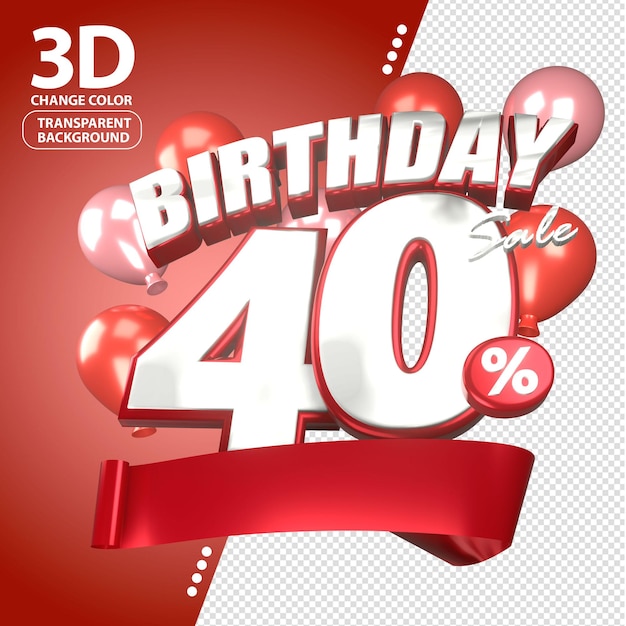 PSD as vendas de aniversário 3d têm um desconto de 40% para a promoção do produto.