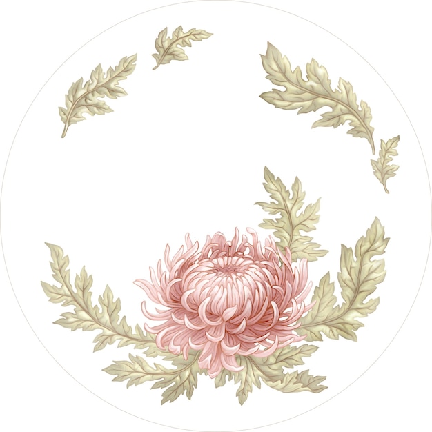 PSD une assiette ronde avec une fleur rose dessus et un motif de feuilles sur le fond