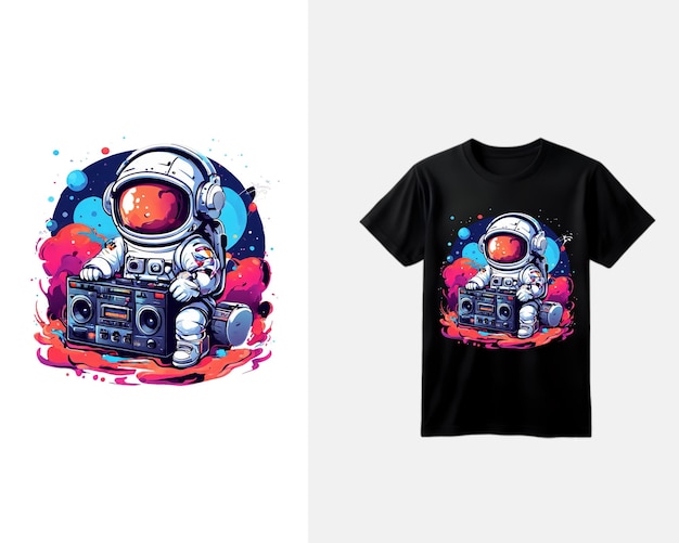 PSD astronaute mignon écoutant de la musique avec une illustration de t-shirt boombox