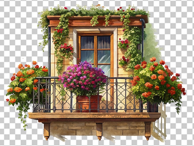 balcon avec des fleurs isolées sur un fond transparent