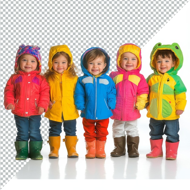 PSD bambini felici vestiti con cappotti colorati che posano per una foto di gruppo allegra gruppo diversificato di bambini felici cappotti file di oggetto isolato su sfondo trasparente