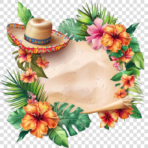 PSD bannière du mois du patrimoine hispanique avec des fleurs tropicales et une invitation sombreroblanc sur la table avec mexi