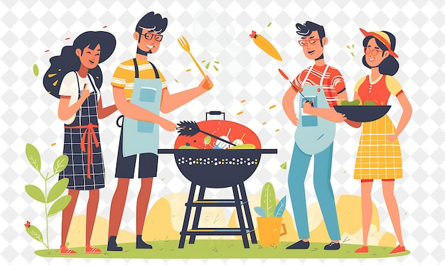 PSD barbecue primaverile con personaggi grilling food design is casu png festival 2d flat art illustrazioni