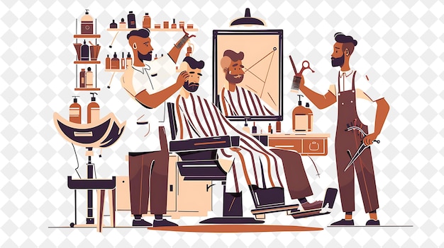 PSD barbeiro retrô com personagens cortando cabelo e barbeando a barba png pessoas no trabalho diário ilustração