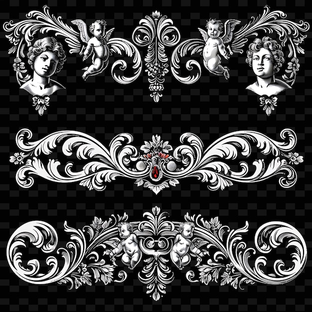 PSD barock-schriftrollen-grenzen mit cherub und blumendekorationen png einzigartige stilisierte motive-designs