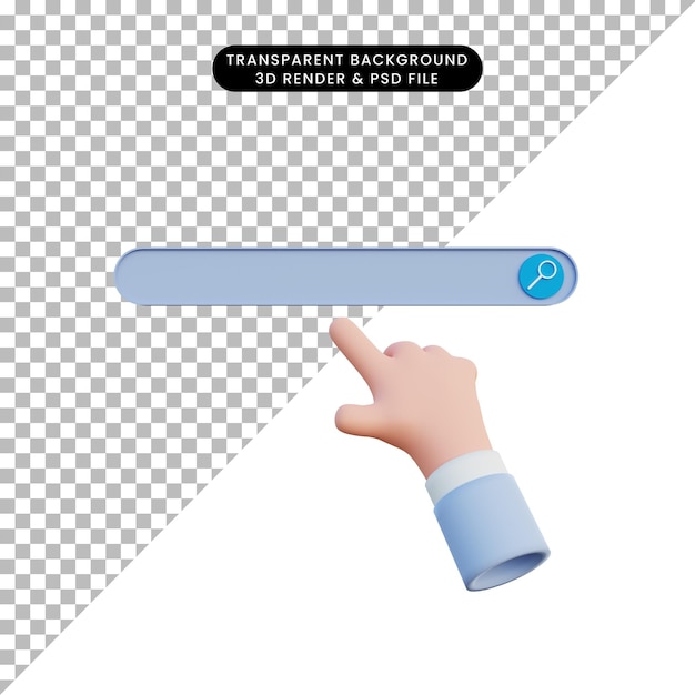 Barra de pesquisa de ilustração 3D com a mão apontando