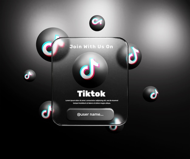 Begleiten Sie uns auf Tiktok-Banner mit Glasmorphismus-Effekt oder Social-Media-Kartenrahmen-Bannerpost