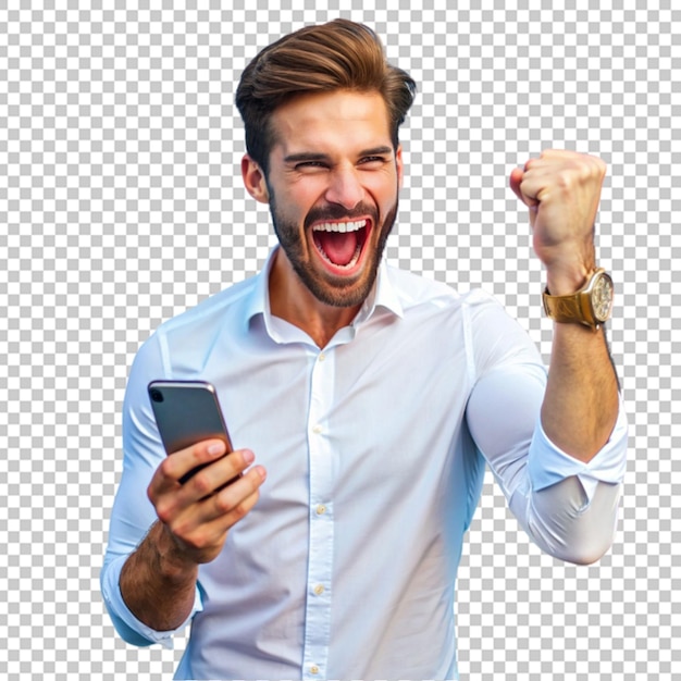 Un bel homme avec un téléphone en position de victoire.