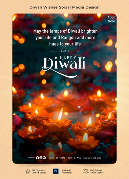 PSD bella celebrazione della festa di diwali, design di biglietti di auguri, modello di poster psd