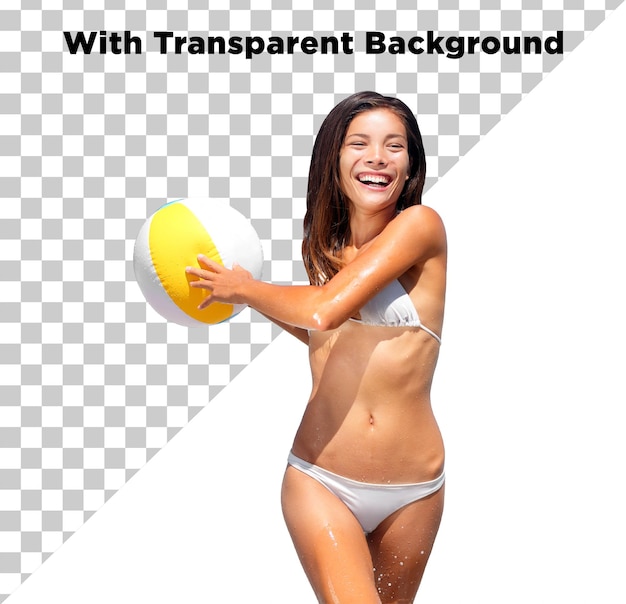 PSD belle fille en bikini jouant avec une balle sur la plage png psd sur fond transparent