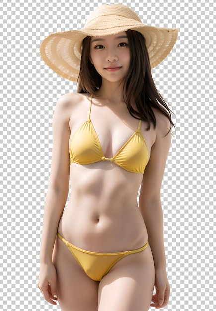 PSD une belle et sexy fille asiatique portant un bikini sur un fond transparent