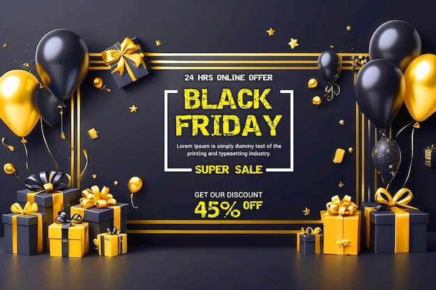 Black Friday Verkauf Banner Design mit realistischen Ballons und Geschenkkiste