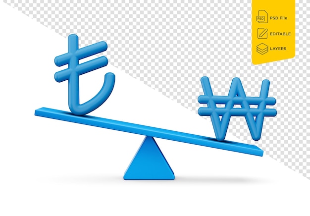 PSD blaue lira und won symbol ikonen mit blauer balance gewicht seesaw 3d-illustration