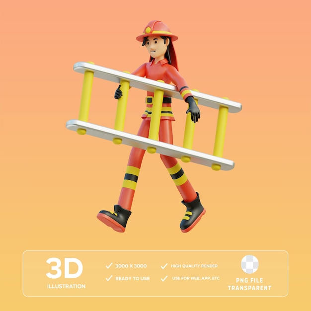 PSD bombeira do psd carregando uma escada ilustração 3d