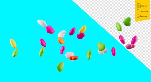 PSD bonbons en forme de coeur coloré 3d bonbons de sucre arc-en-ciel 3d tombant sur fond cyan illustration 3d