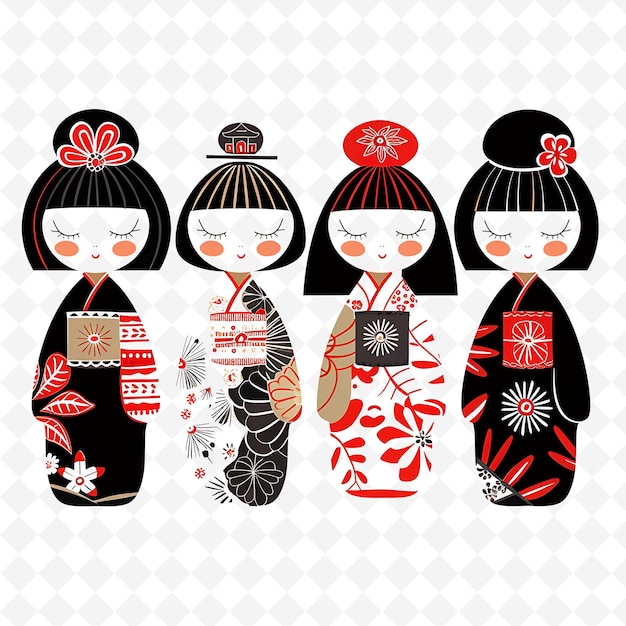 Bonecas Kokeshi japonesas com padrões folclóricos tradicionais Border PNG Desenhos únicos de motivos estilizados