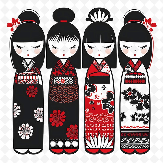 Bonecas Kokeshi japonesas com padrões folclóricos tradicionais Border PNG Desenhos únicos de motivos estilizados