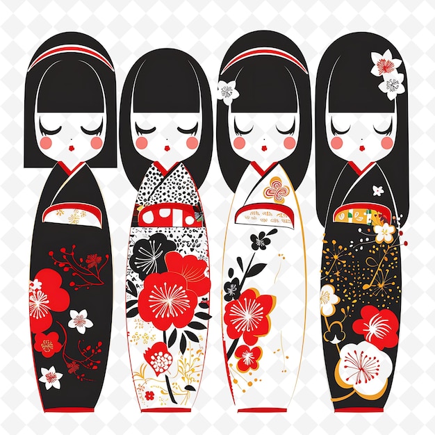 Bonecas Kokeshi japonesas com padrões folclóricos tradicionais Border PNG Desenhos únicos de motivos estilizados