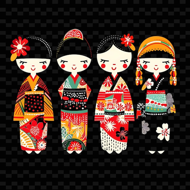 Bonecas Kokeshi japonesas com padrões folclóricos tradicionais Border PNG Desenhos únicos de motivos estilizados