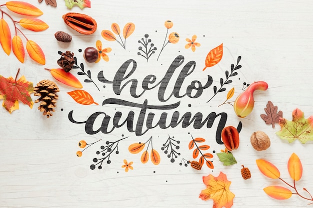 Bonjour calligraphie d'automne avec des feuilles