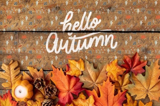 Bonjour texte d'automne coloré avec des feuilles