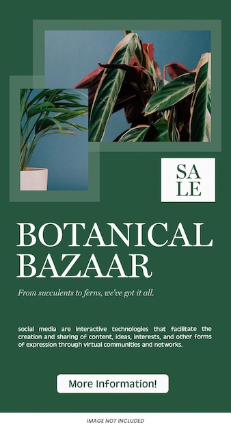 Botanical Bazaar Verkauf Instagram Geschichten Vorlage PSD Design soziale Medien Banner Thema grünes Layout