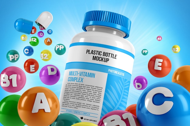 PSD bottiglia di pillole con mockup di vitamine volanti