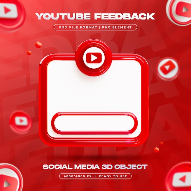 PSD bouton de rétroaction youtube render 3d des médias sociaux isolés