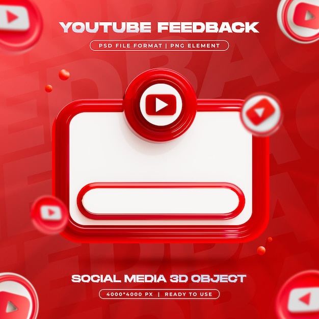 PSD bouton de rétroaction youtube render 3d des médias sociaux isolés